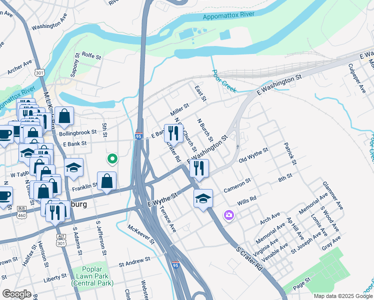 map of restaurants, bars, coffee shops, grocery stores, and more near 25 Cherry Street in Petersburg