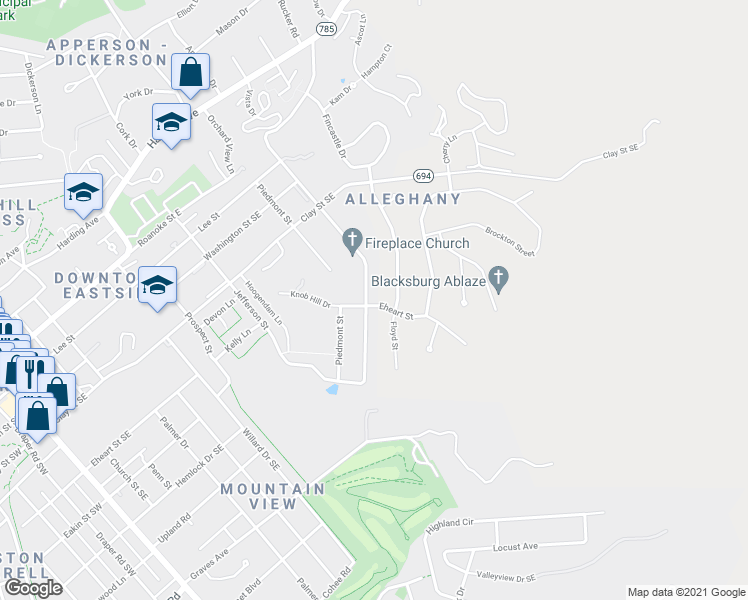 map of restaurants, bars, coffee shops, grocery stores, and more near 519 Alleghany Street in Blacksburg