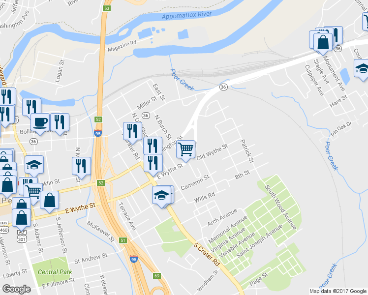 map of restaurants, bars, coffee shops, grocery stores, and more near 16 Eastover Avenue in Petersburg