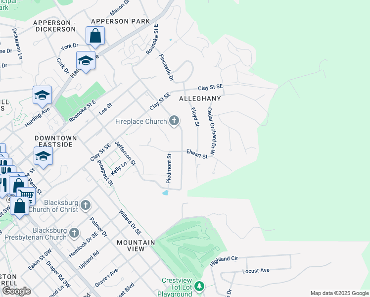 map of restaurants, bars, coffee shops, grocery stores, and more near 519 Alleghany Street in Blacksburg