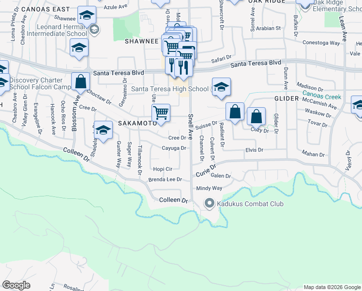 map of restaurants, bars, coffee shops, grocery stores, and more near 617 Cayuga Drive in San Jose