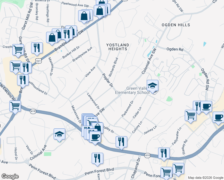 map of restaurants, bars, coffee shops, grocery stores, and more near 3607 Poplar Dr in Roanoke