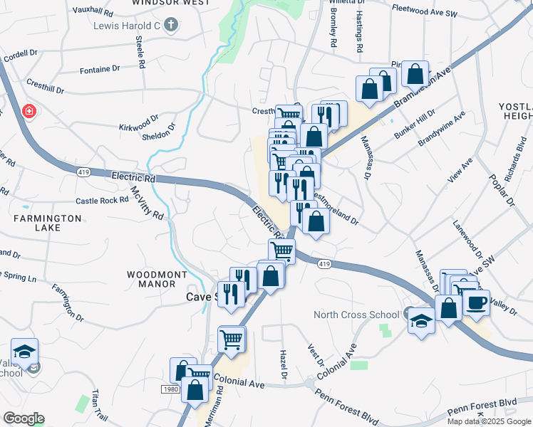 map of restaurants, bars, coffee shops, grocery stores, and more near 3505 Normandy Lane in Cave Spring