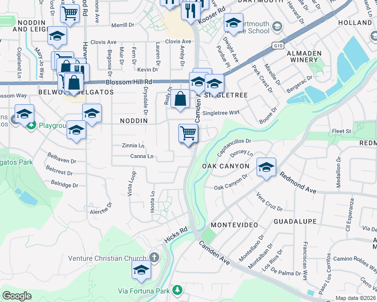 map of restaurants, bars, coffee shops, grocery stores, and more near 5837 Camden Avenue in San Jose