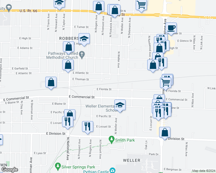 map of restaurants, bars, coffee shops, grocery stores, and more near 1425 East Florida Street in Springfield