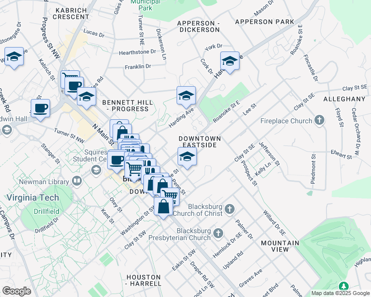 map of restaurants, bars, coffee shops, grocery stores, and more near 422 Roanoke Street East in Blacksburg