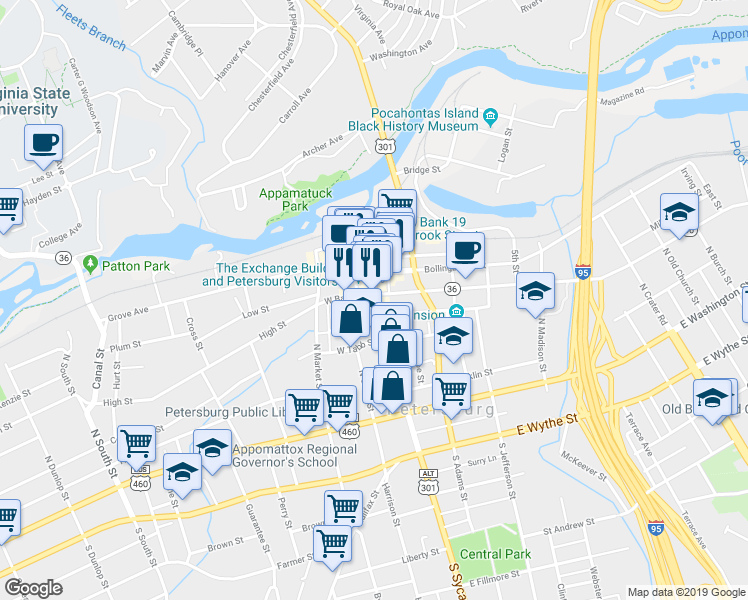 map of restaurants, bars, coffee shops, grocery stores, and more near 250 North Sycamore Street in Petersburg