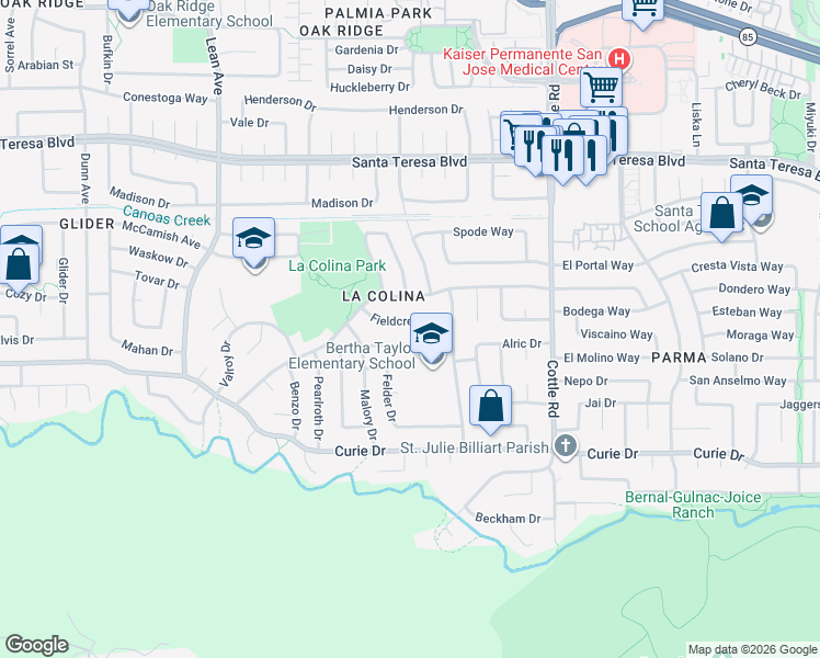 map of restaurants, bars, coffee shops, grocery stores, and more near 413 Sautner Drive in San Jose