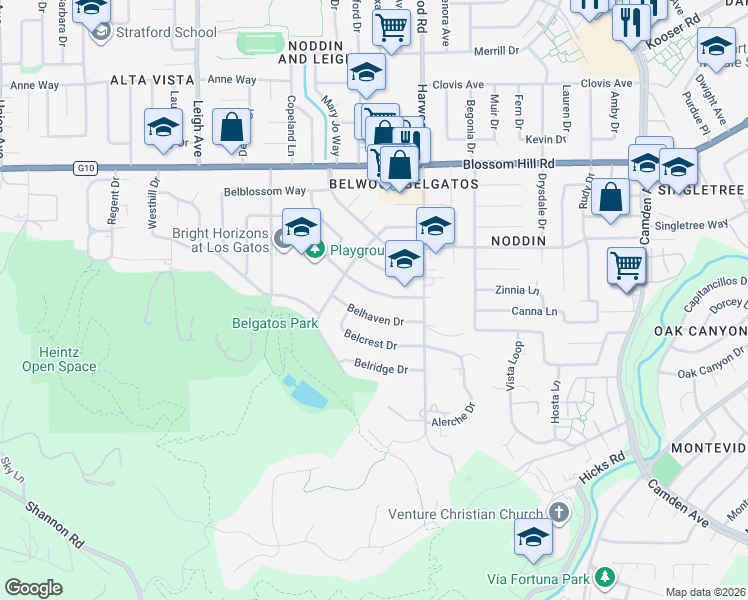 map of restaurants, bars, coffee shops, grocery stores, and more near 139 Belhaven Drive in Los Gatos