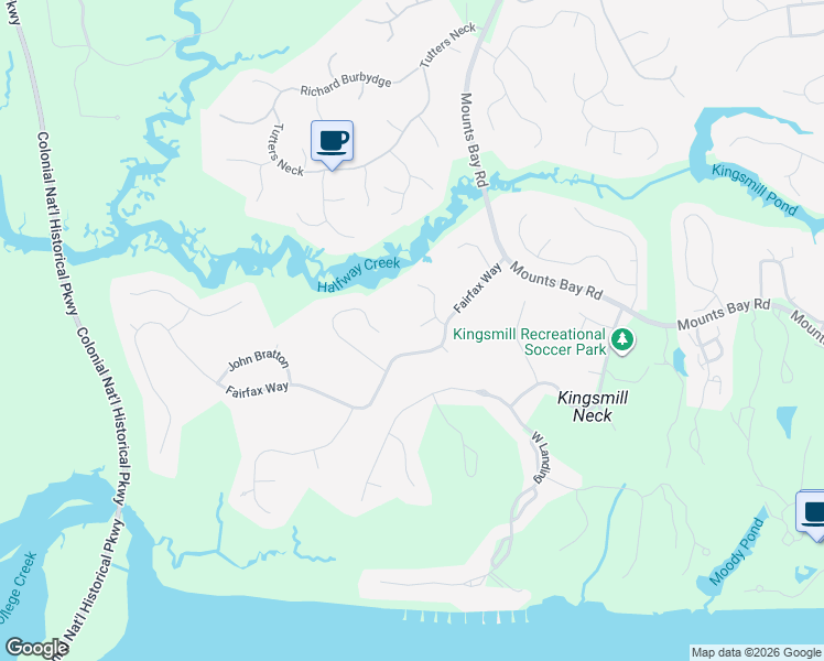 map of restaurants, bars, coffee shops, grocery stores, and more near 109 Harrells Court in Williamsburg