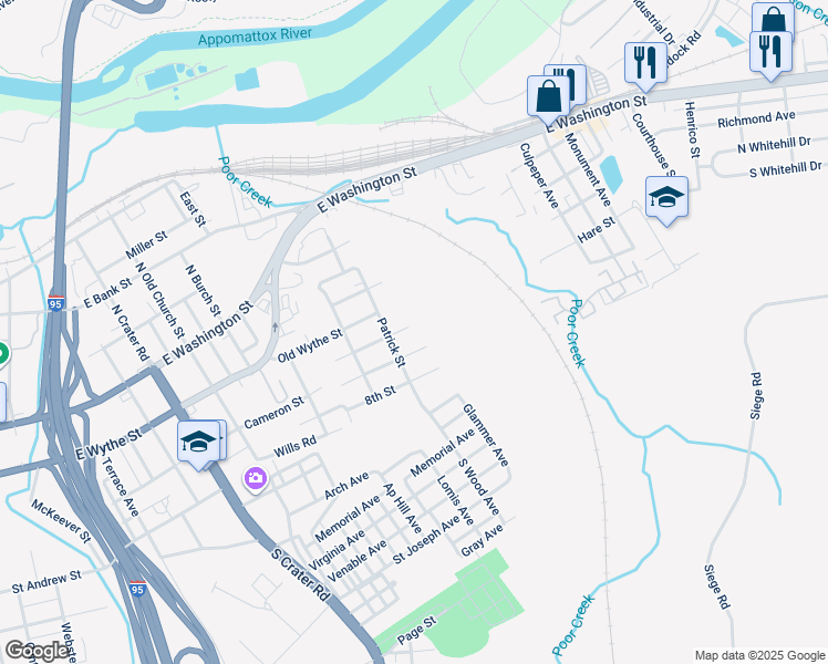 map of restaurants, bars, coffee shops, grocery stores, and more near 1118 6th Street in Petersburg