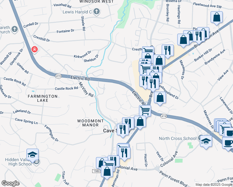 map of restaurants, bars, coffee shops, grocery stores, and more near 3210 Ledgewood Avenue in Cave Spring