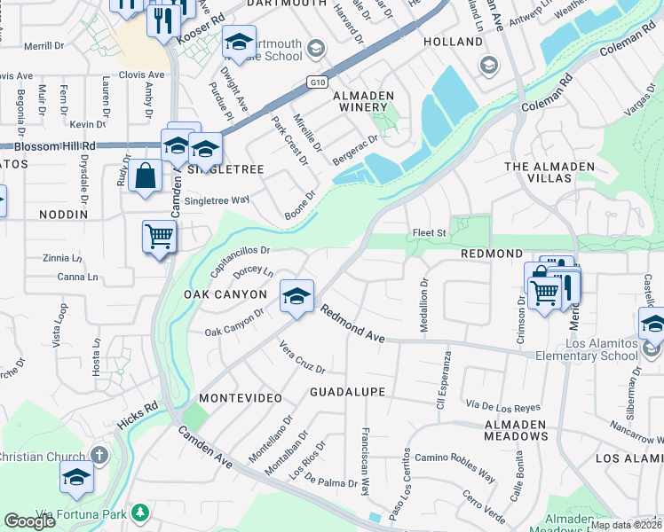 map of restaurants, bars, coffee shops, grocery stores, and more near 1456 Oak Canyon Court in San Jose