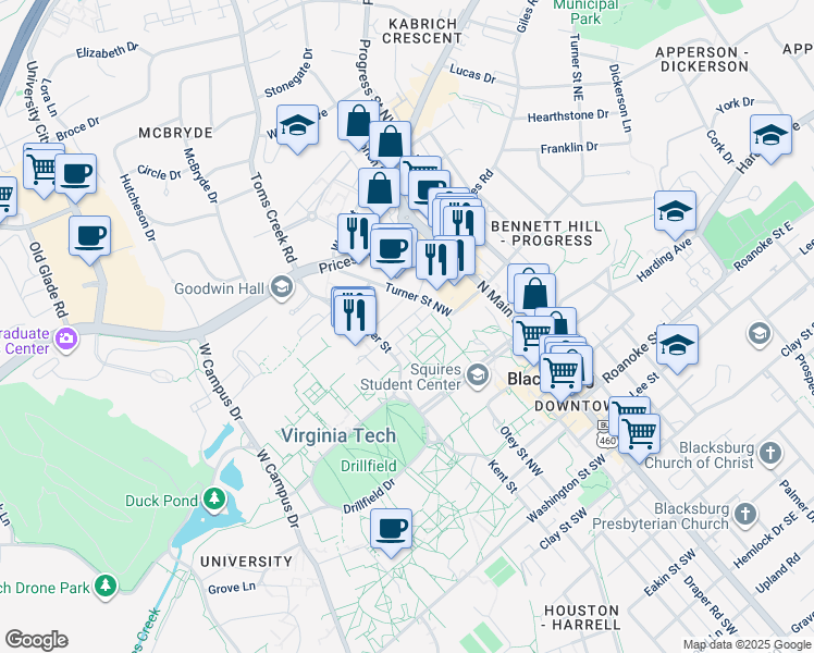 map of restaurants, bars, coffee shops, grocery stores, and more near 355 Old Turner Street in Blacksburg