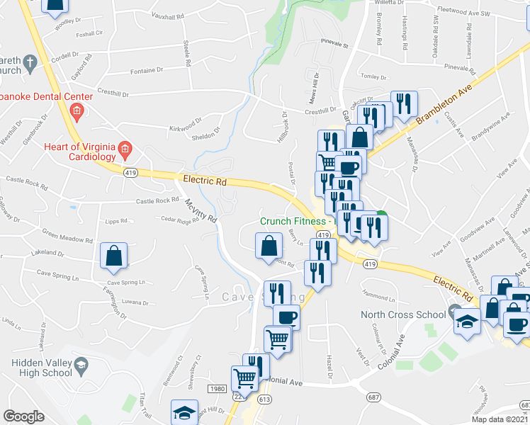 map of restaurants, bars, coffee shops, grocery stores, and more near 3210 Ledgewood Avenue in Roanoke