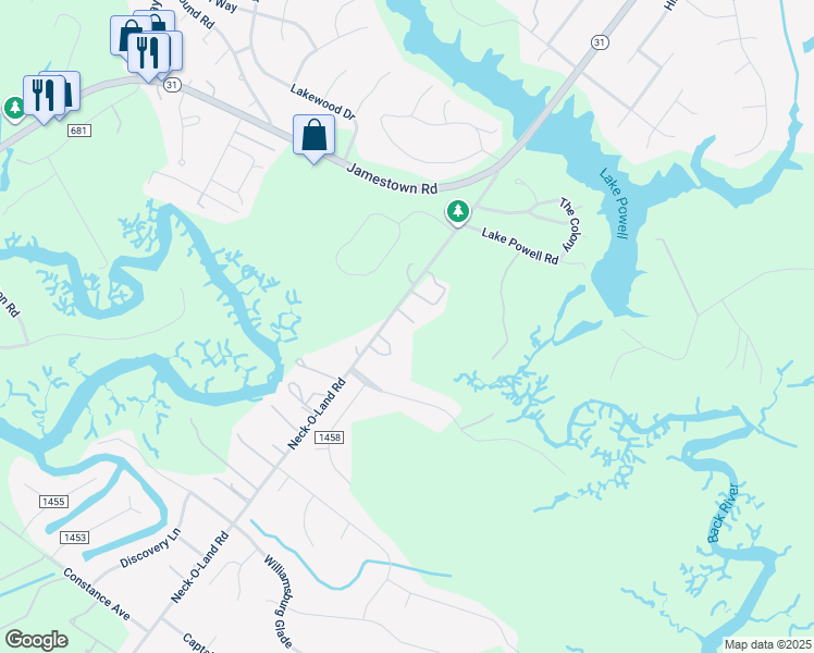 map of restaurants, bars, coffee shops, grocery stores, and more near 234 Neck-O-Land Road in Williamsburg