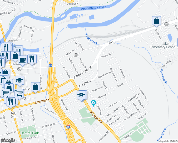 map of restaurants, bars, coffee shops, grocery stores, and more near 7 South Burch Street in Petersburg