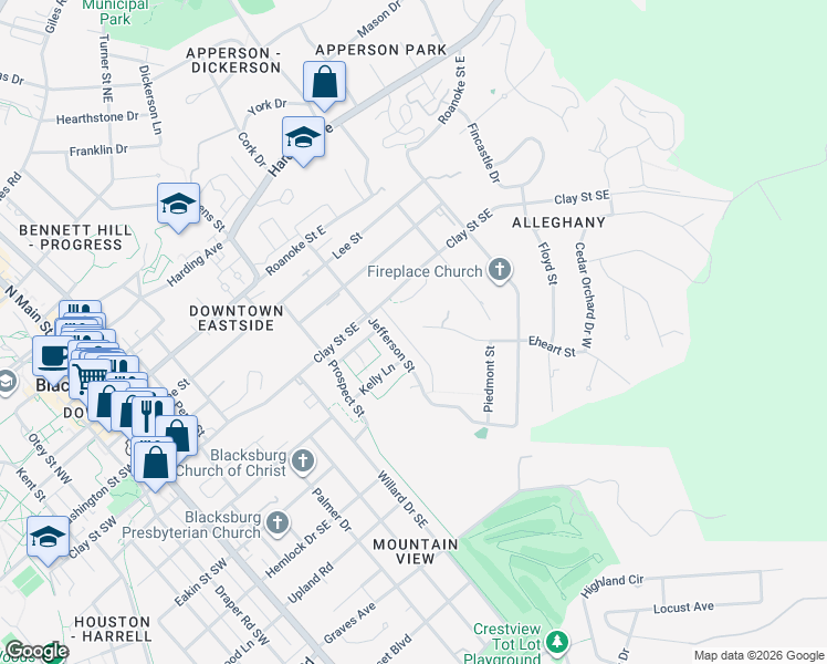 map of restaurants, bars, coffee shops, grocery stores, and more near 706 Knob Hill Dr in Blacksburg