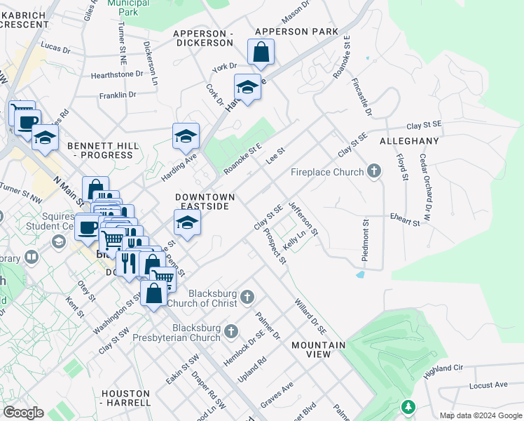map of restaurants, bars, coffee shops, grocery stores, and more near Prospect Street in Blacksburg