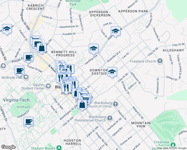 map of restaurants, bars, coffee shops, grocery stores, and more near 422 Roanoke Street East in Blacksburg