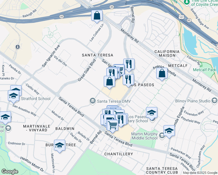 map of restaurants, bars, coffee shops, grocery stores, and more near 121 Bernal Road in San Jose