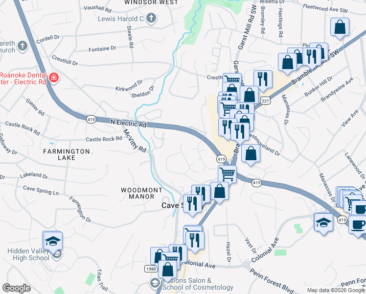 map of restaurants, bars, coffee shops, grocery stores, and more near 3210 Ledgewood Avenue in Cave Spring