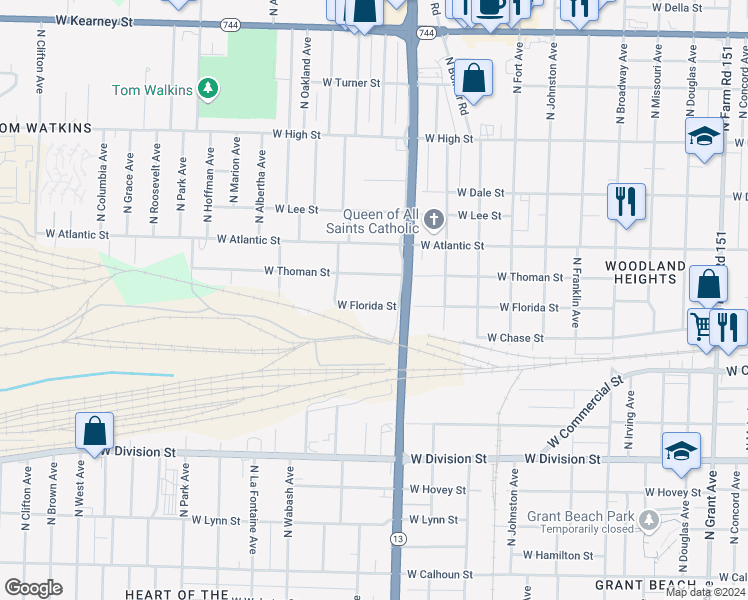map of restaurants, bars, coffee shops, grocery stores, and more near 1631 West Florida Street in Springfield