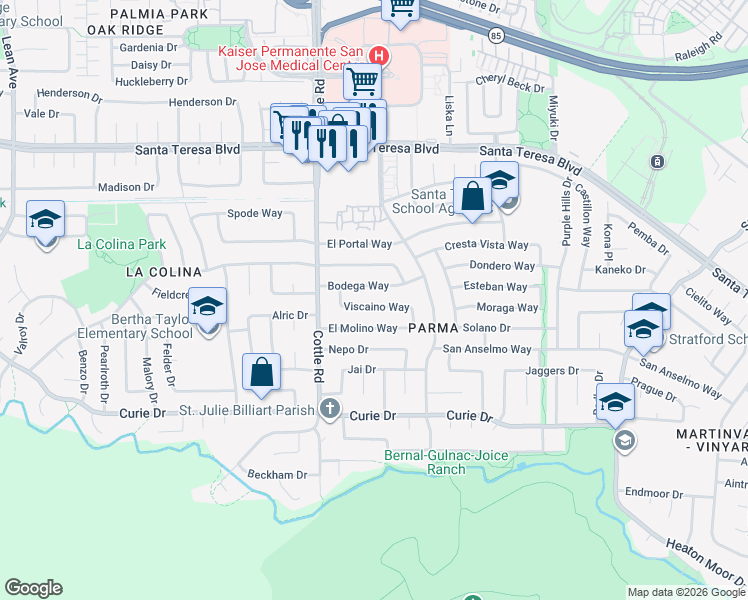 map of restaurants, bars, coffee shops, grocery stores, and more near 321 Viscaino Way in San Jose