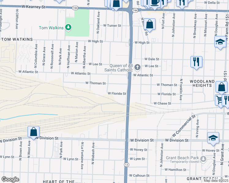 map of restaurants, bars, coffee shops, grocery stores, and more near 1711 West Florida Street in Springfield