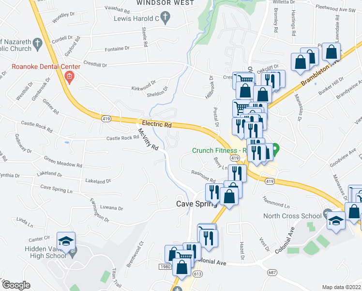 map of restaurants, bars, coffee shops, grocery stores, and more near 3060 McVitty Forest Drive in Roanoke