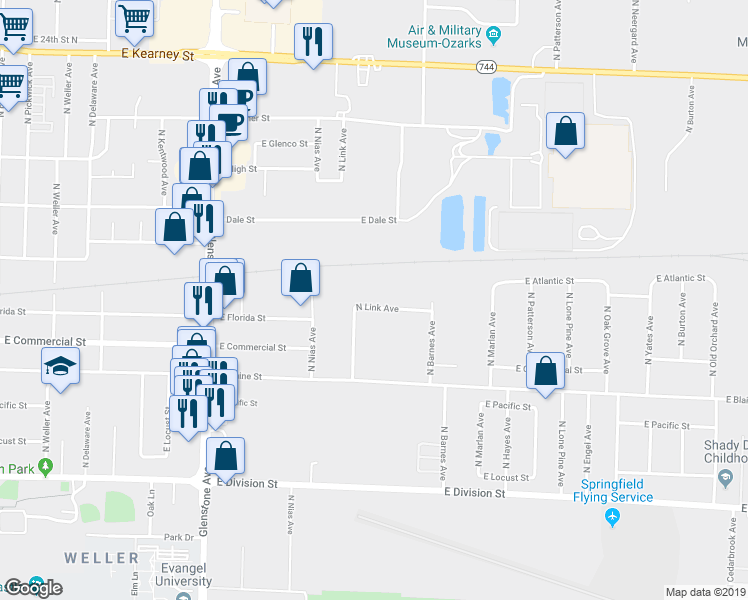 map of restaurants, bars, coffee shops, grocery stores, and more near 2111 East Thoman Street in Springfield