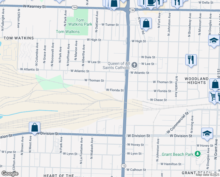 map of restaurants, bars, coffee shops, grocery stores, and more near 1721 West Florida Street in Springfield