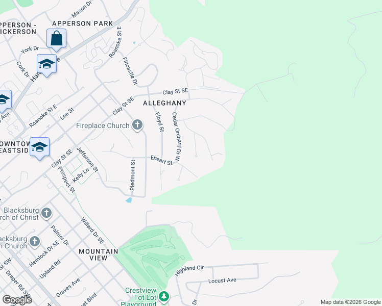 map of restaurants, bars, coffee shops, grocery stores, and more near 610 Gigi Drive in Blacksburg