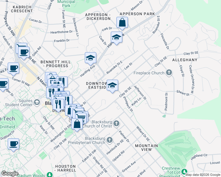 map of restaurants, bars, coffee shops, grocery stores, and more near 220 Prospect Street in Blacksburg