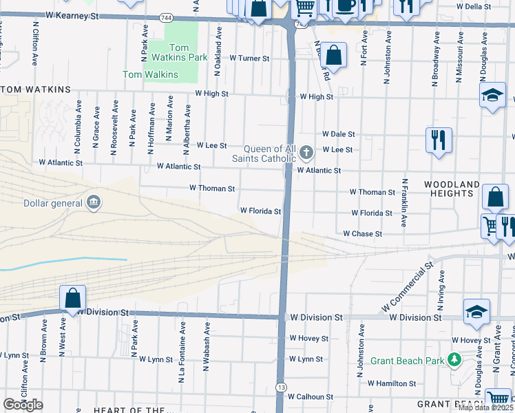 map of restaurants, bars, coffee shops, grocery stores, and more near 1707 West Florida Street in Springfield