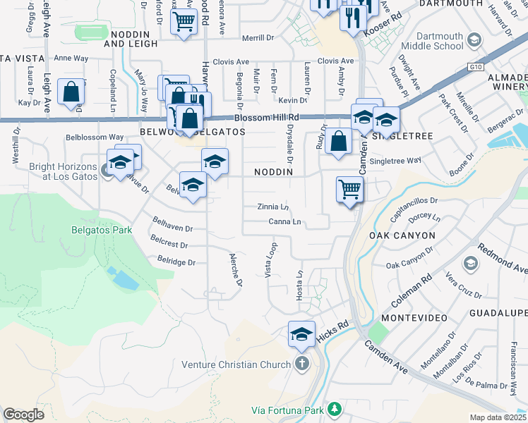 map of restaurants, bars, coffee shops, grocery stores, and more near 1704 Zinnia Lane in San Jose