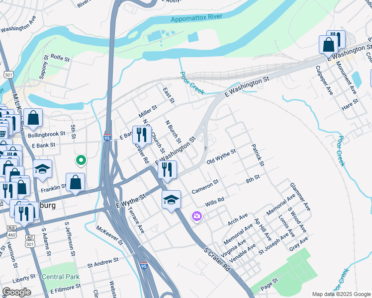 map of restaurants, bars, coffee shops, grocery stores, and more near 3 South Burch Street in Petersburg
