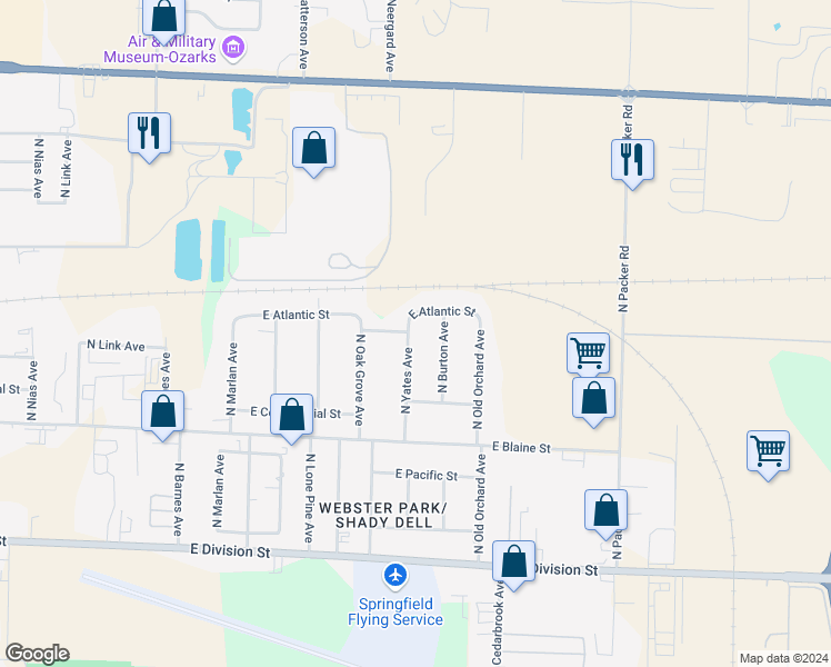 map of restaurants, bars, coffee shops, grocery stores, and more near 1934 North Yates Avenue in Springfield