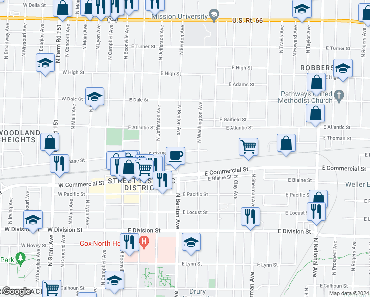 map of restaurants, bars, coffee shops, grocery stores, and more near 515 East Chase Street in Springfield