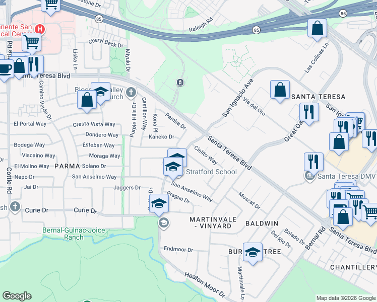 map of restaurants, bars, coffee shops, grocery stores, and more near 6624 Catamaran Street in San Jose