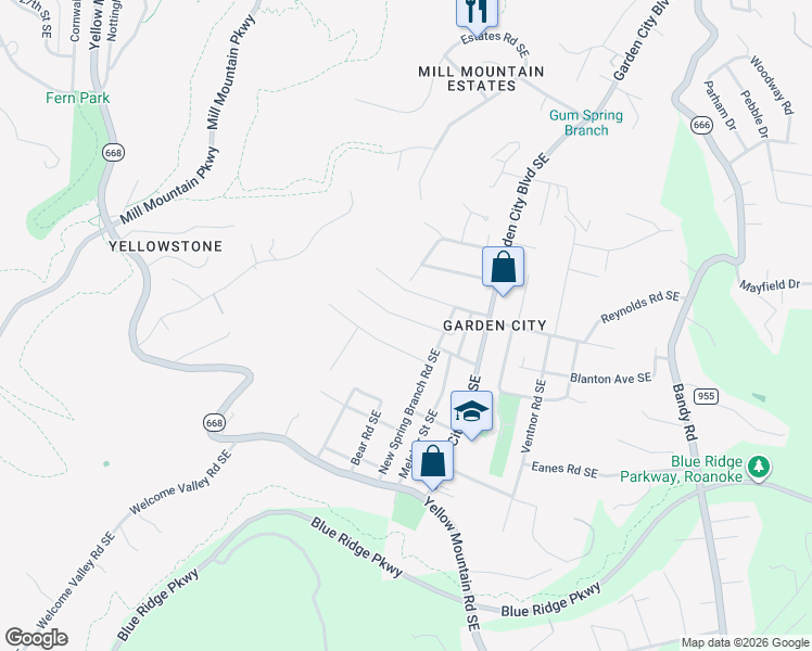 map of restaurants, bars, coffee shops, grocery stores, and more near 1119 Ethel Road Southeast in Roanoke