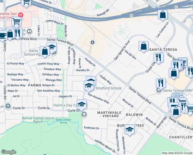 map of restaurants, bars, coffee shops, grocery stores, and more near 6624 Catamaran Street in San Jose