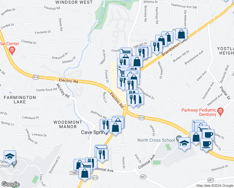 map of restaurants, bars, coffee shops, grocery stores, and more near 3513 Normandy Lane in Cave Spring