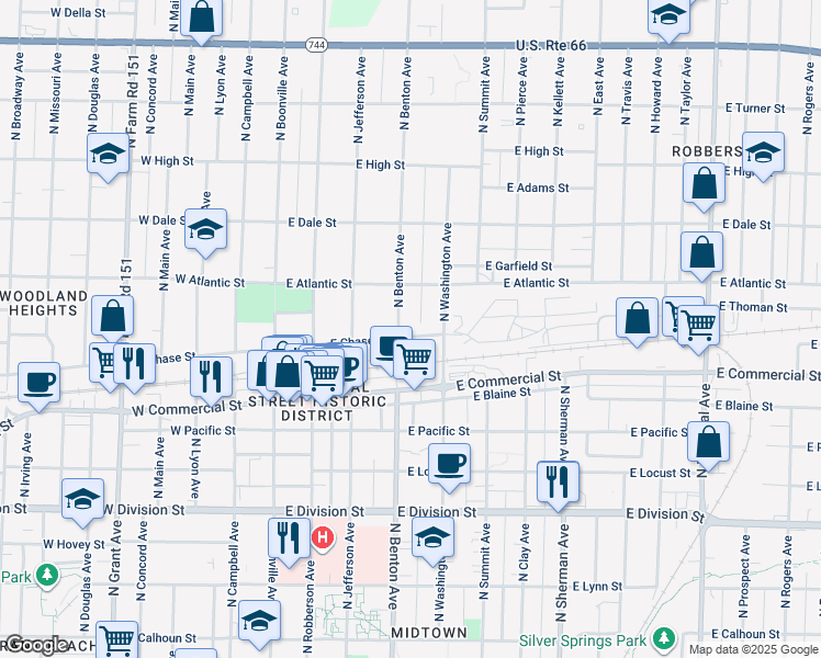 map of restaurants, bars, coffee shops, grocery stores, and more near 515 East Chase Street in Springfield