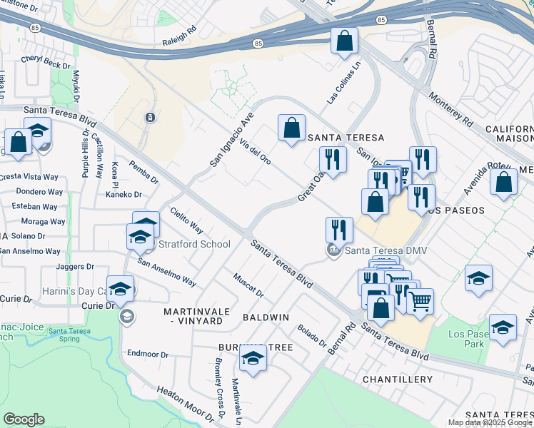 map of restaurants, bars, coffee shops, grocery stores, and more near 5968 Virtual Court in San Jose