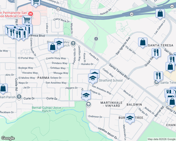 map of restaurants, bars, coffee shops, grocery stores, and more near 6571 Catamaran Street in San Jose