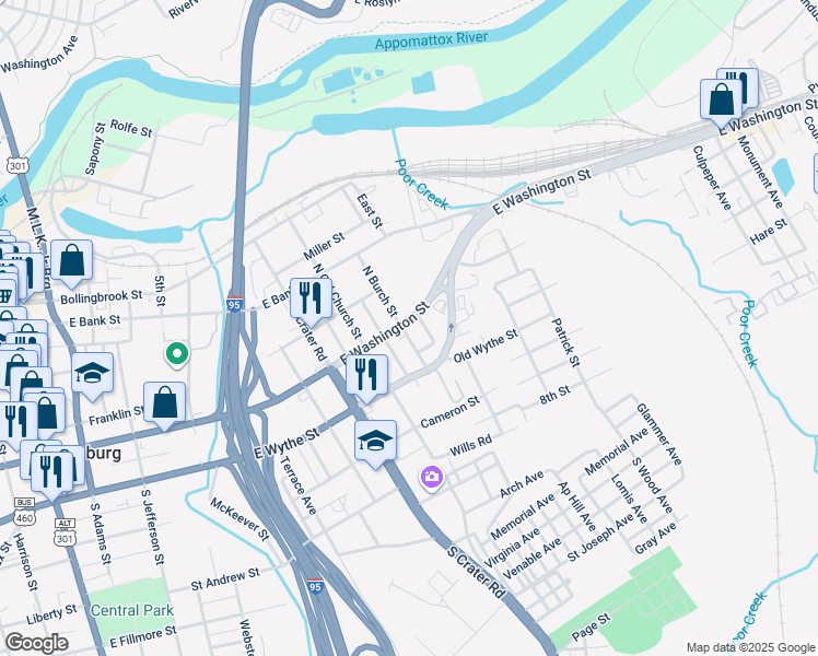 map of restaurants, bars, coffee shops, grocery stores, and more near 3 South Burch Street in Petersburg