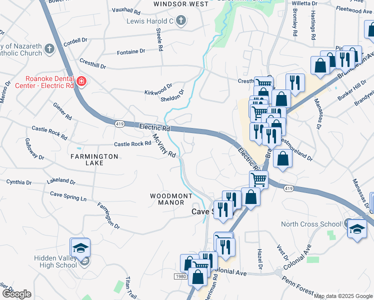 map of restaurants, bars, coffee shops, grocery stores, and more near 3045 McVitty Forest Drive in Roanoke