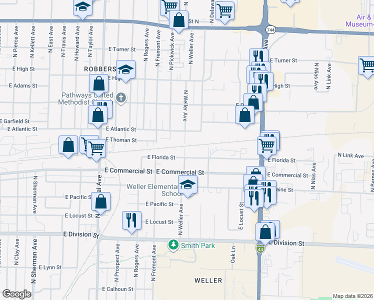 map of restaurants, bars, coffee shops, grocery stores, and more near 1850 North Weller Avenue in Springfield