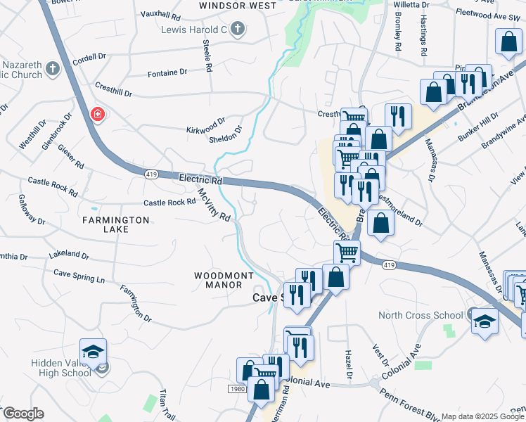 map of restaurants, bars, coffee shops, grocery stores, and more near 3060 McVitty Forest Drive in Roanoke